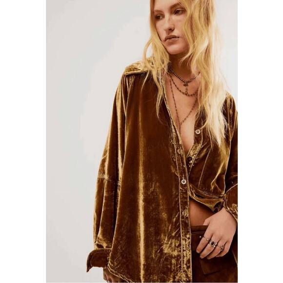 Free People Tops - Free People Night Skies Velvet Top Golden Brown Size Medium Retro 70s Bohemian